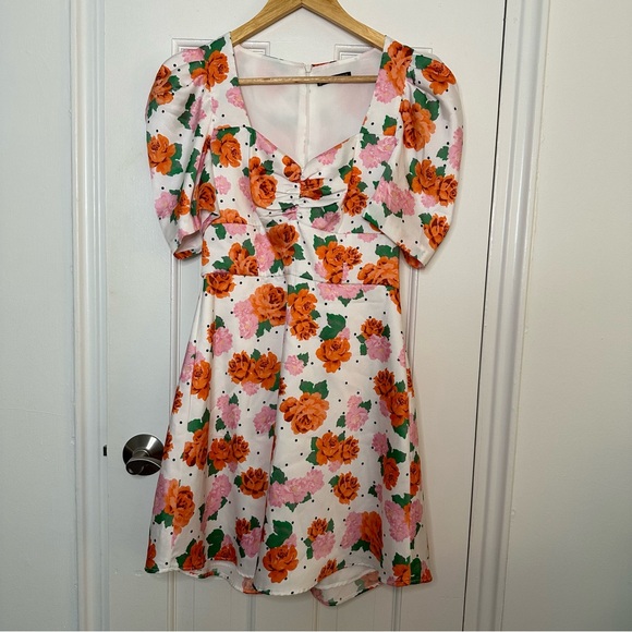 ZARA Blogger Favorite Puff Sleeve Polka Dot Floral Mini Dress Sweetheart Small - Picture 4 of 9